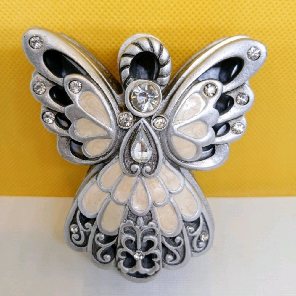 Beautiful Guardian Angel Pewter Ivory Look Trinket Jewel Box Clr Rhinestone NEW